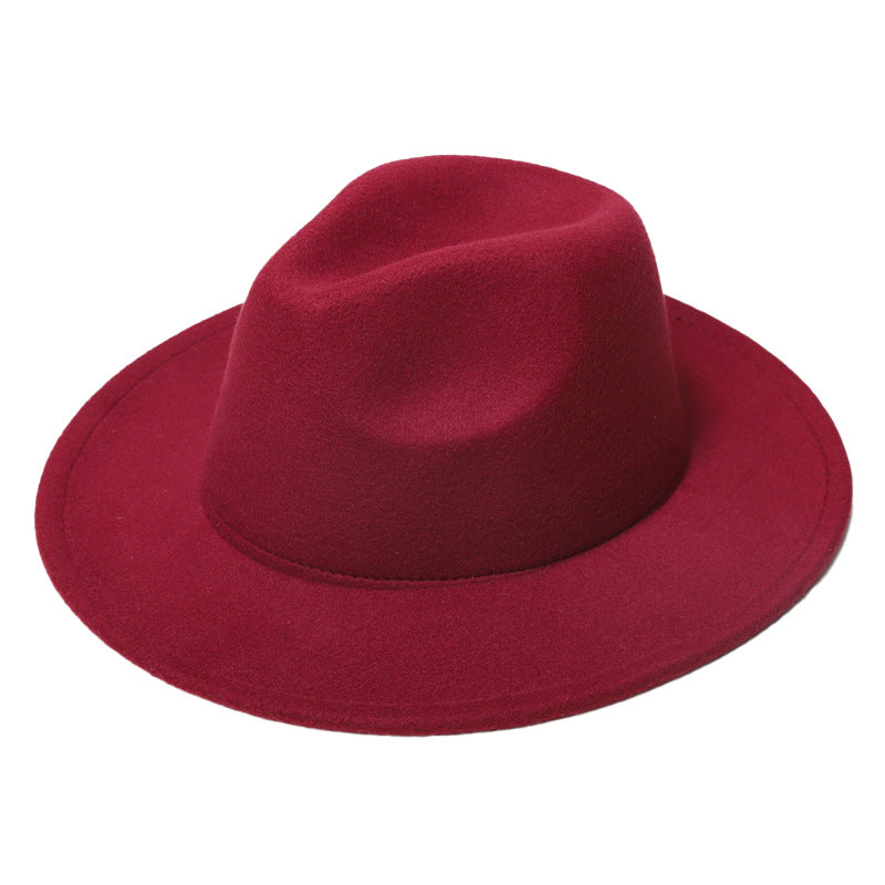 Autumn And Winter New Woolen Solid Color Wide Brim Glossy Hat