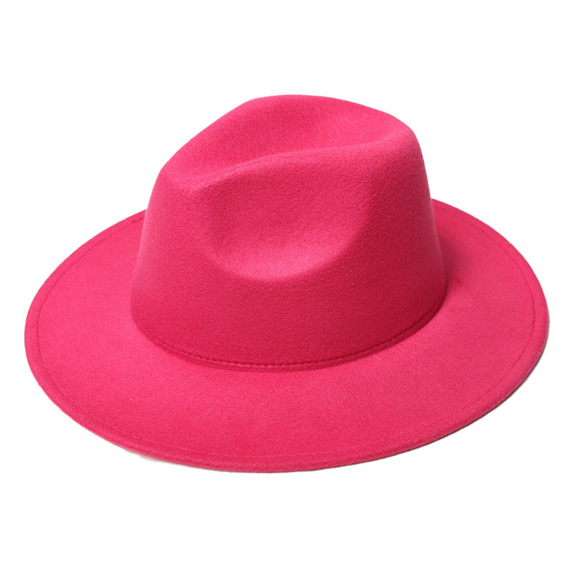 Autumn And Winter New Woolen Solid Color Wide Brim Glossy Hat