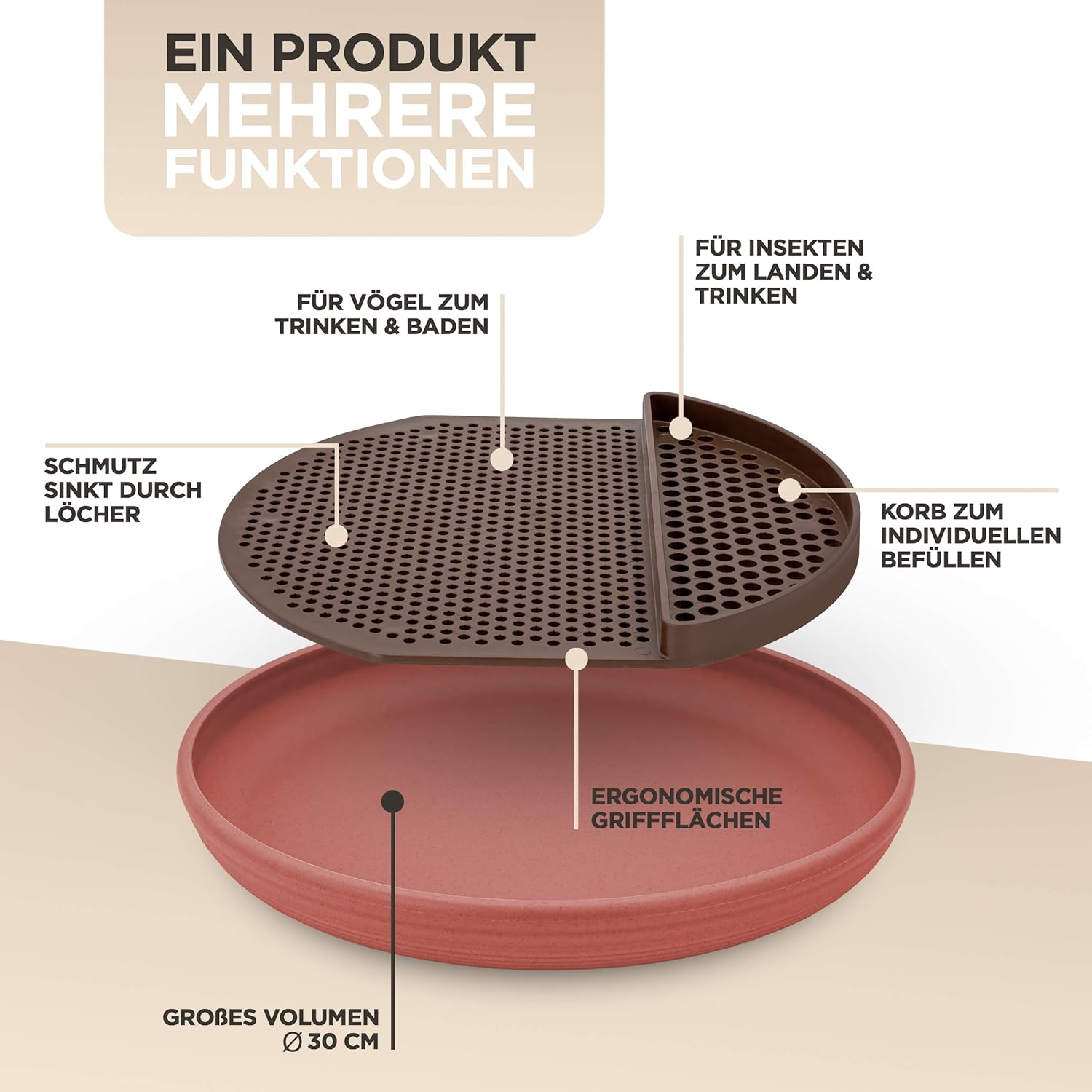 JoDaK Bird Bath and Insect Crack (Terracotta) Bird Bath Standing Large, Plastic Frost-proof and Winter-resistant, Garden Decoration, Balcony Decoration Bowl