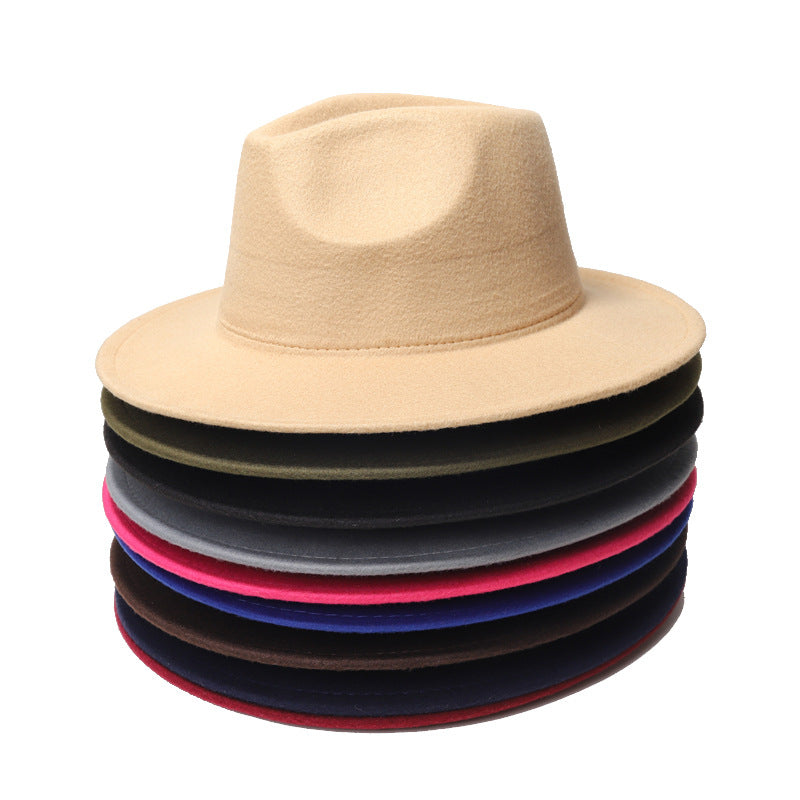 Autumn And Winter New Woolen Solid Color Wide Brim Glossy Hat